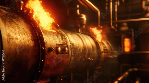 Industrial pipeline featuring intense flames escaping from its surface, creating a fiery atmosphere in a dark, grimy factory interior, suggesting a hazardous and powerful operation