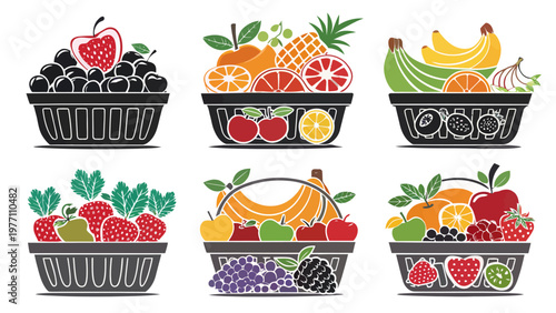 Colorful fruit baskets set with various fresh produce organic market offerings