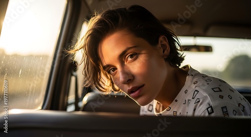 Young Woman Looking Out Car Window at Sunset.