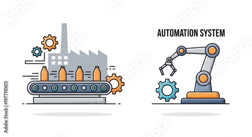 Industrial automation system with robotic arm and conveyor belt.