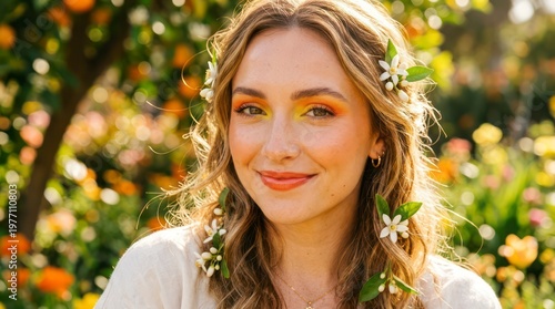 Close-up portrait of a woman with sun-drenched skin, wearing makeup in shades of tangerine and lemon yellow, with tiny orange blossoms woven into her hair