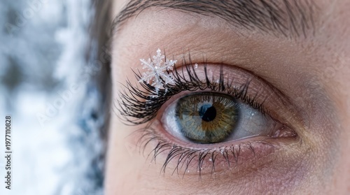 Extreme close-up of a woman’s eye and eyelashes, with a single, perfectly formed, tiny snowflake resting gently on the lash line