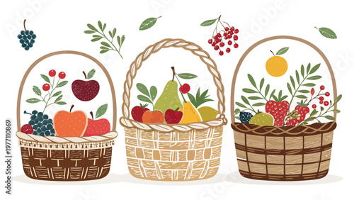 Three rustic woven baskets overflowing with mixed fruits and berries on white background with leaves and branches