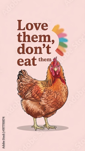 Illustration of a brown chicken with a message promoting animal welfare. Vegan concept.