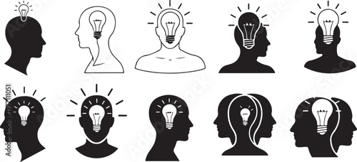 Human profile silhouette with light bulb symbol for creative thinking and brainstorming sessions representing intelligence and innovation.