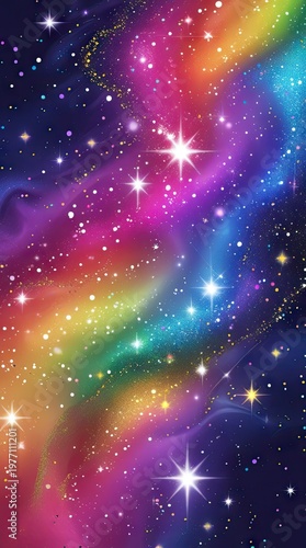 Colorful abstract galaxy illustration featuring vibrant rainbow hues, stars, and cosmic elements against a dark space background