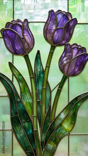 Stained glass artwork featuring three purple tulips with green leaves against a textured light green background