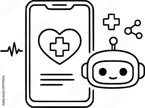 AI Healthcare Mobile App and Telemedicine Chatbot Concept Line Icon with Heart Medical Symbol Illustration