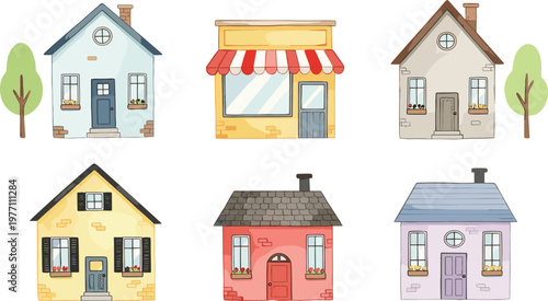 Cartoon building illustration set, houses and shop design, pastel colors, whimsical architecture, flower box windows, urban neighborhood artwork, playful style