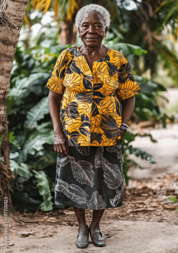 Elderly african woman posing in tropical garden wearing traditional clothes