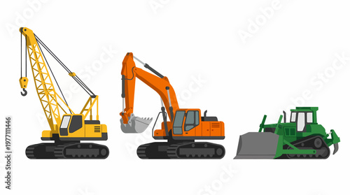 Construction Equipment Crane Excavator and Bulldozer Illustration.