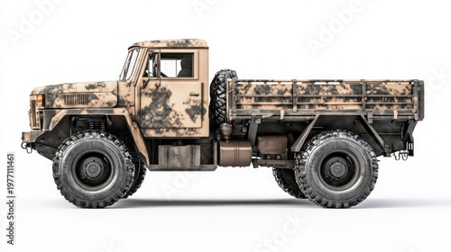 Powerful  truck parked on white background, exhibiting camouflage pattern