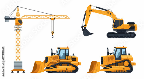 Construction Equipment Crane Excavator and Bulldozers Illustration.