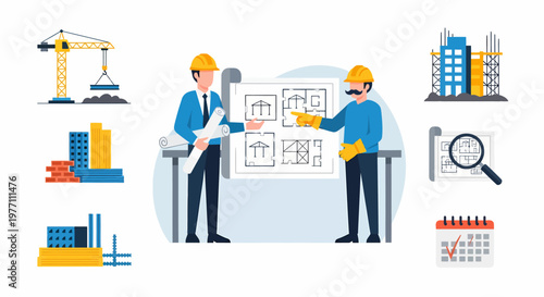 Construction Project Planning and Blueprint Review by Engineers.