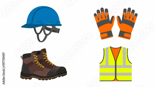 Construction Safety Gear Hard Hat Gloves Boots and Vest.