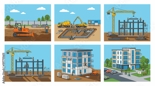 Construction Stages Building a Modern Apartment Complex.