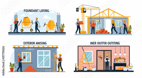 Construction Stages Foundation Structure Exterior and Interior Outfitting.