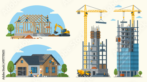Construction Stages House and Skyscraper Development Illustration.
