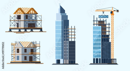 Construction Stages Houses and Skyscrapers in Progress.