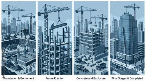 Construction Stages of a Skyscraper Foundation Frame Enclosure Completion.