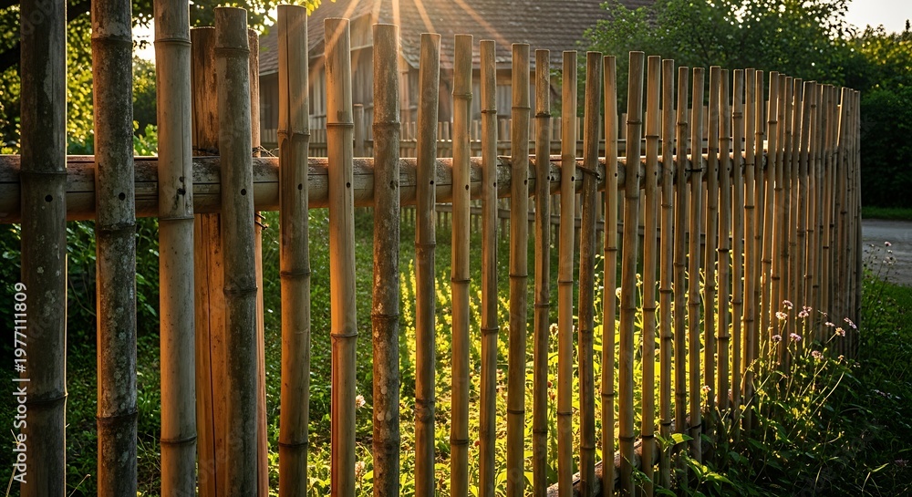 Obraz premium Golden hour light filters through a rustic bamboo fence, casting long shadows and highlighting the natural texture, evoking a sense of calm and natural beauty