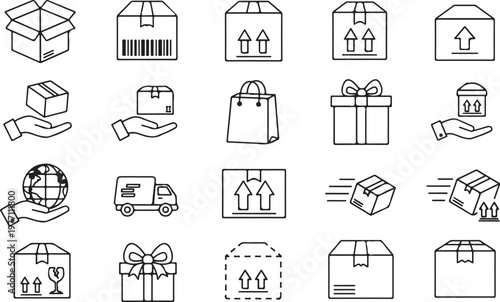 Winemaking and vineyard line icon set featuring wine bottles grapes barrels glasses cellar equipment and agriculture industry symbols.