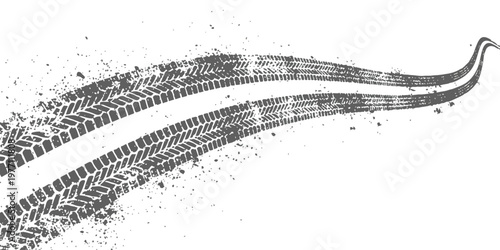 Dark grey tire tracks with dirt splatter on a clean white background for automotive design usage