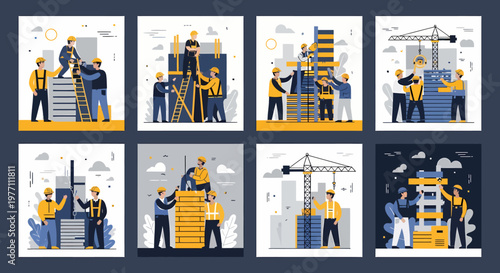 Construction Workers Building Structures in Various Stages.