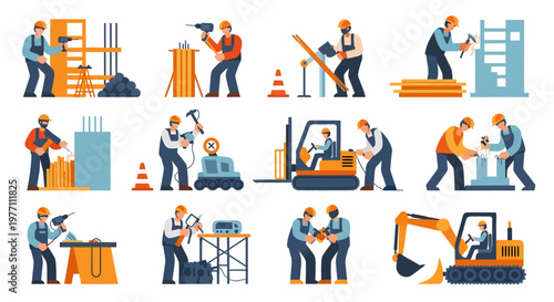 Construction Workers in Various Tasks Building Lifting and Operating Machinery.
