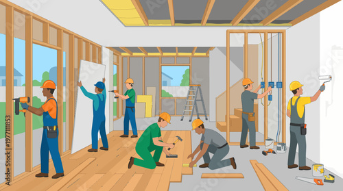Construction Workers Renovating a Building Interior with Various Tasks.
