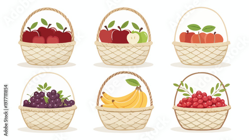 Six woven fruit baskets filled with assorted colorful fruits in a silhouette collection