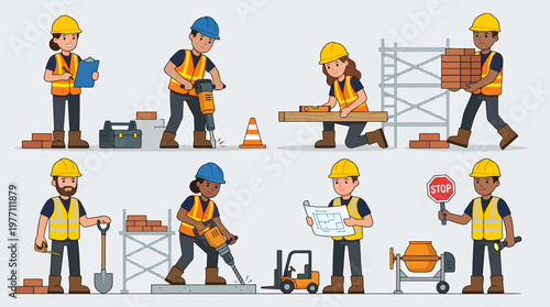 Diverse Construction Workers Team in Action Cartoon Illustration.