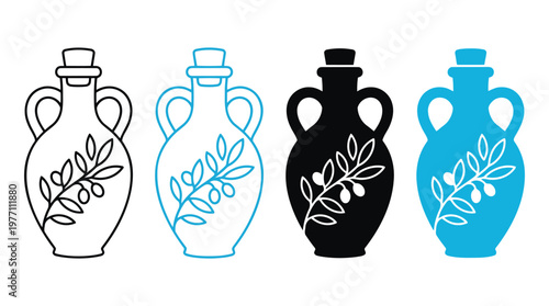 Traditional olive oil jar symbols featuring branch decoration for culinary food branding.