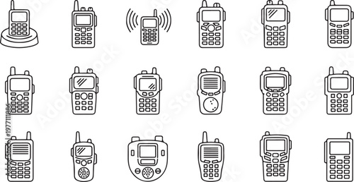 Portable radio transceiver and walkie talkie icons for wireless communication and security personnel representing professional equipment.