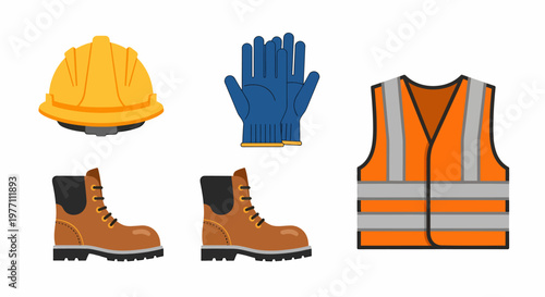 Essential Construction Safety Gear Hard Hat Gloves Vest and Boots.