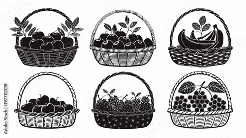 Six woven fruit baskets silhouette collection filled with various fresh produce