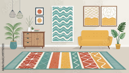 Vibrant living room interior with colorful rug yellow sofa and decorative plants modern home decor concept with patterned artwork