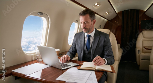 Focused businessman working on a laptop while flying in a private jet.