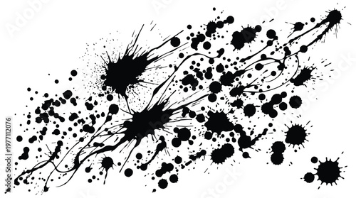 Abstract black ink splash background with artistic paint splatters and liquid drops layout.