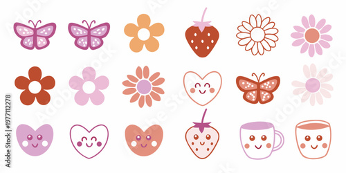 Cute floral and fruity stickers with whimsical smiling faces
