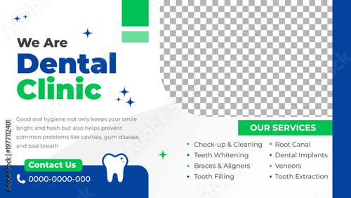 Modern dental clinic promotional banner design template with blue and green accent. Horizontal banner template vector design