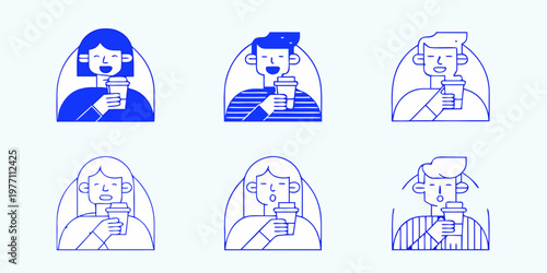Six stylized blue line art portraits of people holding coffee cups