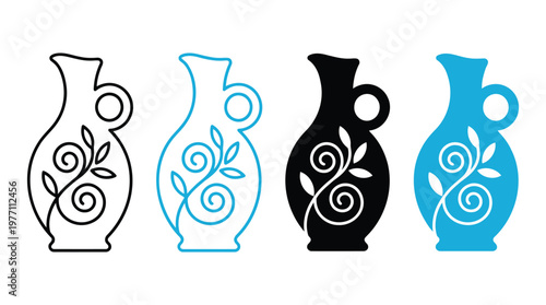 Elegant ceramic pitcher icons with floral swirl pattern for home kitchen decor and art.