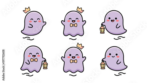 A set of six cute cartoon ghosts with various expressions and accessories on a white background in a flat lay composition with pastel purple and gold colors.