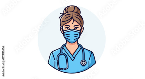 Female doctor, medical professional, nurse, healthcare worker, blue scrubs, face mask, vector illustration, medical icon, healthcare symbol, clinic staff