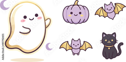 A set of cute cartoon Halloween icons including a ghost, pumpkin, bats, and cat on a white background with a spooky yet friendly mood.
