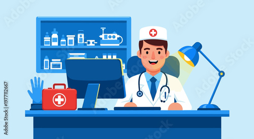 Doctor, nurse, medical professional, healthcare worker, sitting at desk, office, smiling, vector illustration, blue and white colors, medical equipment, computer, lamp, first aid kit