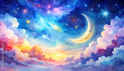 Enchanting Crescent Moon and Stars in a Dreamy Sky.