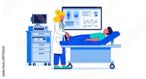 Medical, hospital, doctor, patient, healthcare, illustration, vector, blue, white, modern, clinic, treatment, care, flat design, medical equipment, health, wellness, doctor's office, examination