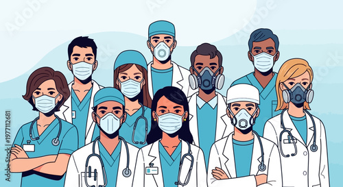 Medical professionals, doctors, nurses, healthcare workers, diverse team, wearing masks, protective gear, vector illustration